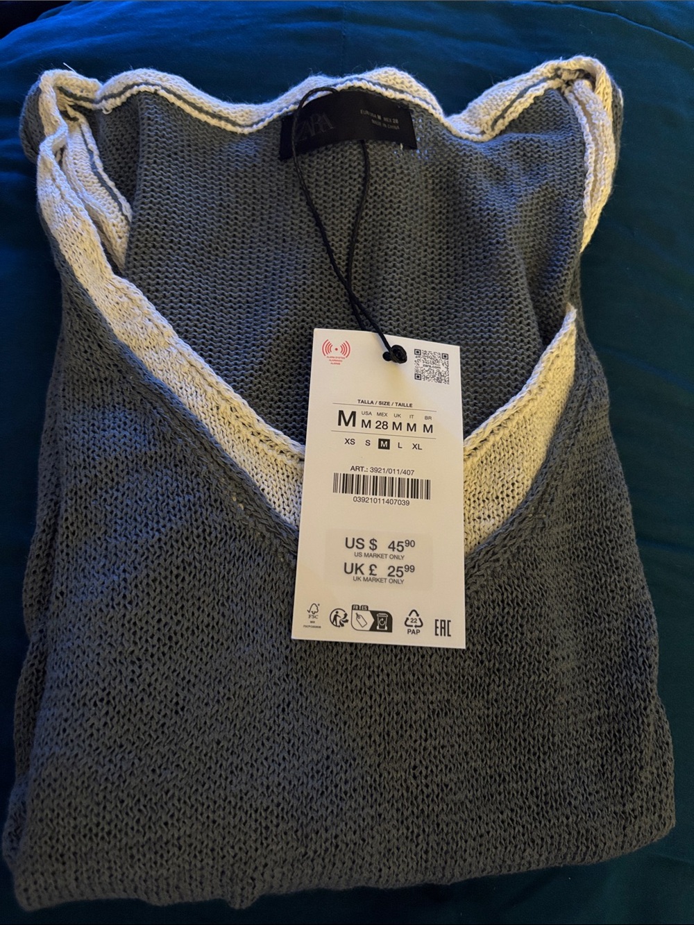 Zara Gray V-Neck Knit Sweater with Cream Trim
